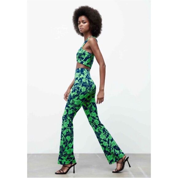 NWT Zara Blogger’s Favorite Green & Blue Jacquard High Waisted Pants, Size Small - Picture 2 of 16
